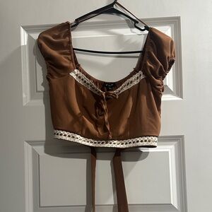 Blu Pepper Brown Lace Trim Crop Top w/ High Waste Skirt